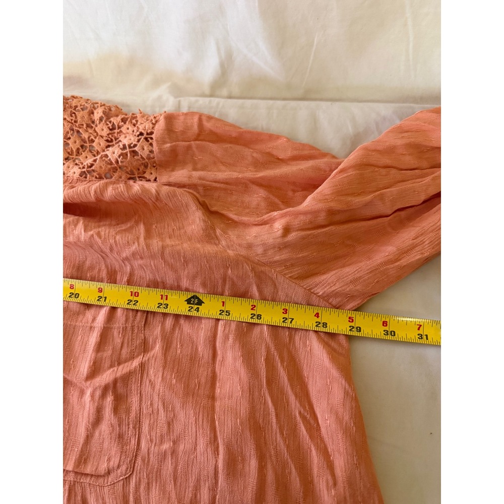 Free People Lace Inset Blouse Women Large Orange Long Sleeve Button Down Boho - Picture 4 of 12